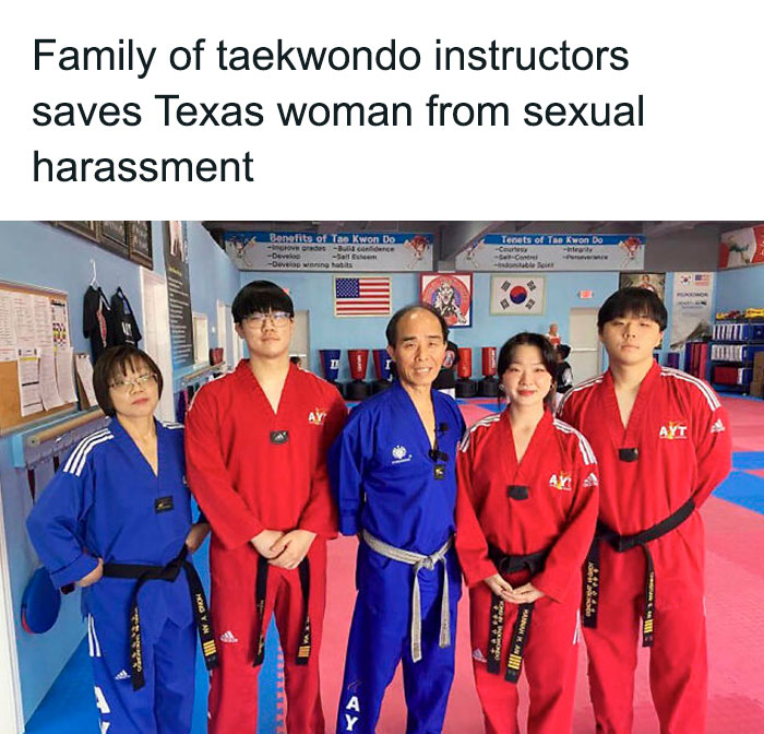 Taekwondo family exemplifying chaotic good by saving a Texas woman from harassment, standing together in their martial arts dojo.