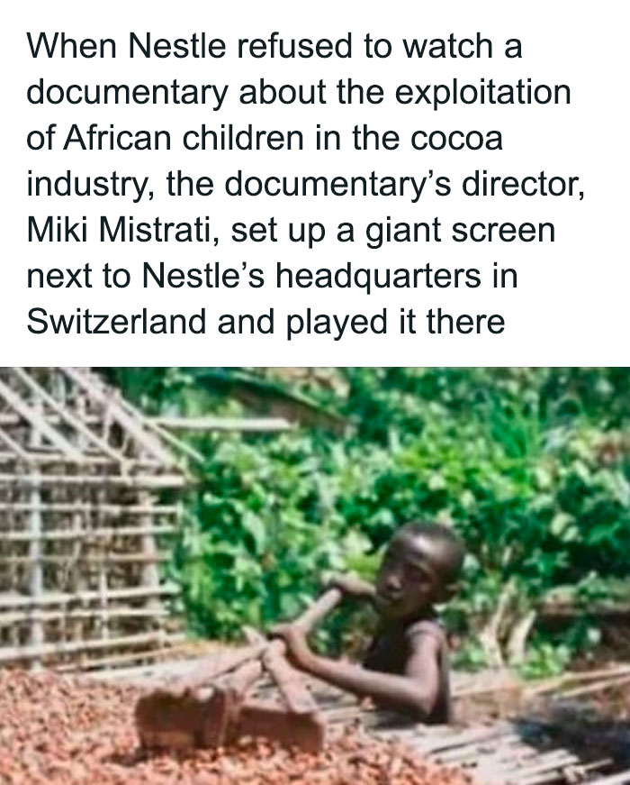 Child working with cocoa beans, highlighting exploitation and an instance of chaotic good action against Nestle's practices.
