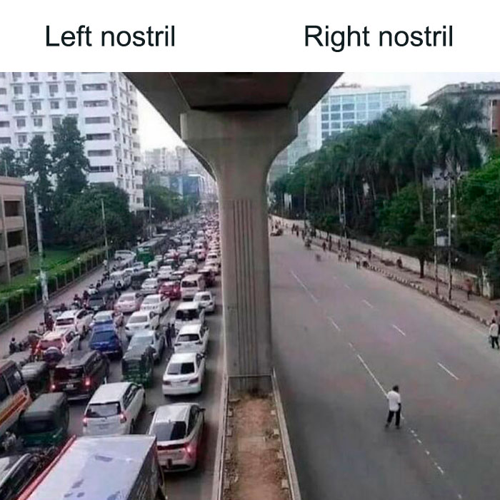 Traffic meme showing congestion on the left and empty road on the right, humorously labeled as left and right nostril.