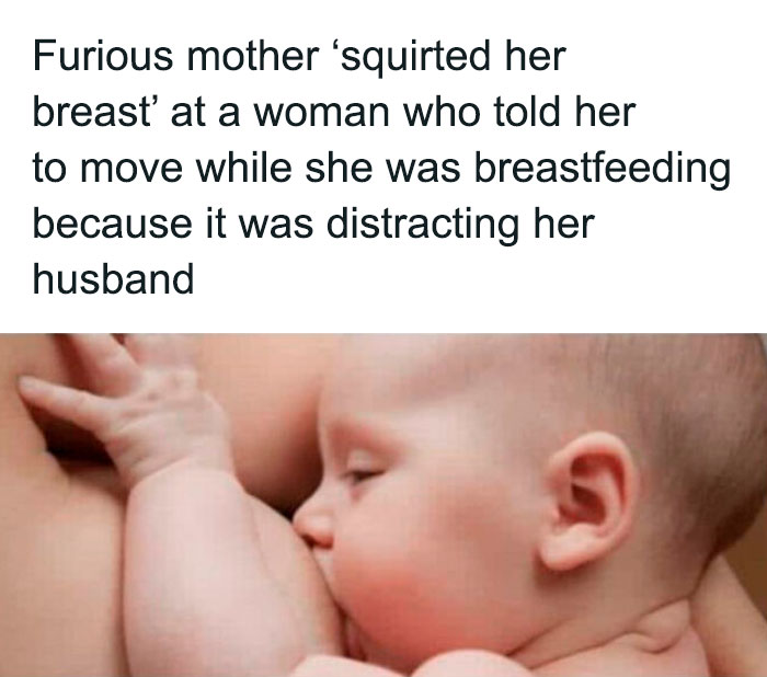 Baby breastfeeding with humorous chaotic good response text above.