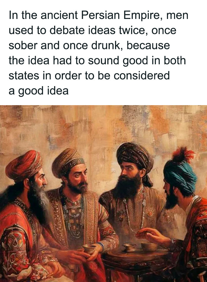 Ancient Persian men in traditional attire debating ideas, exemplifying a chaotic good approach to decision-making.