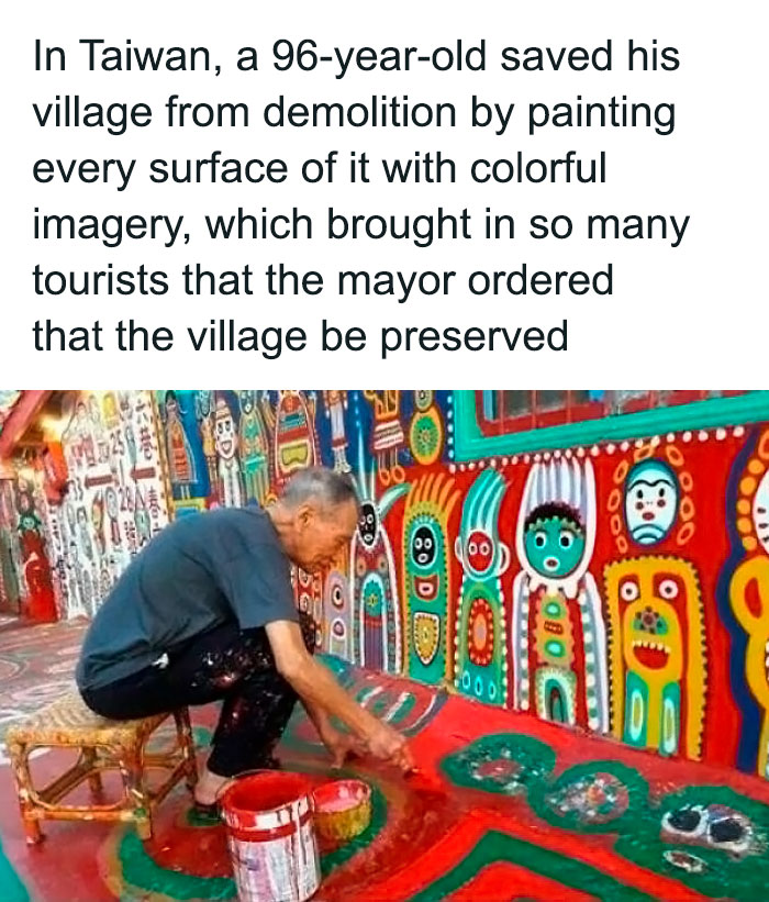 Elderly man in Taiwan painting colorful murals on walls to save his village, exemplifying chaotic good intentions.