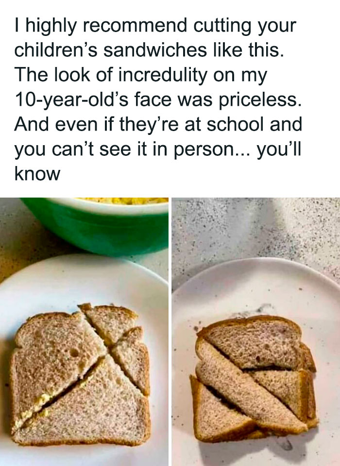 Sandwich cut into unusual triangles, showcasing a humorous example of chaotic good.