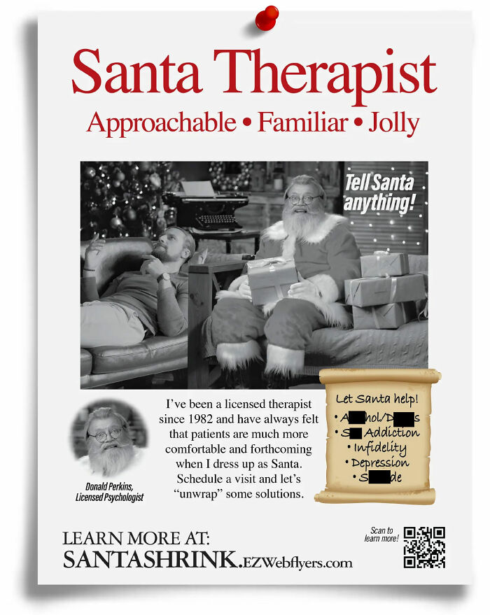 Santa therapist fake flyer by Prank-O, featuring Santa Claus as a therapist with holiday-themed decor and humorous text.