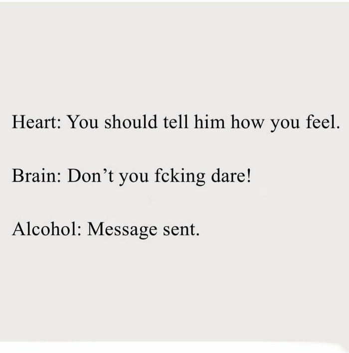Heart and brain debating feelings with alcohol humorously sending a message, funny meme scenario.
