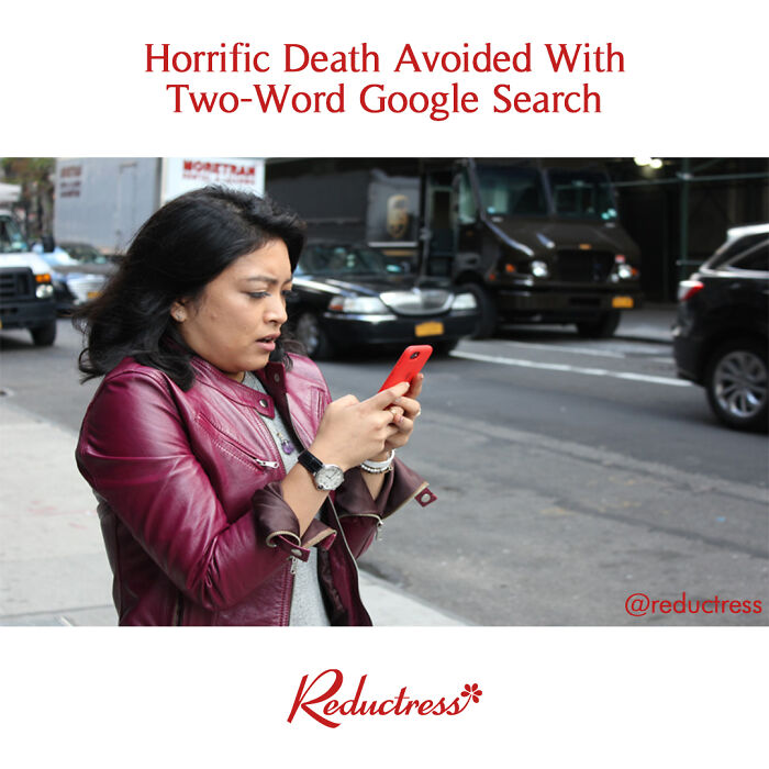 Woman in red jacket looks shocked at phone, humorous fake headline scenario.