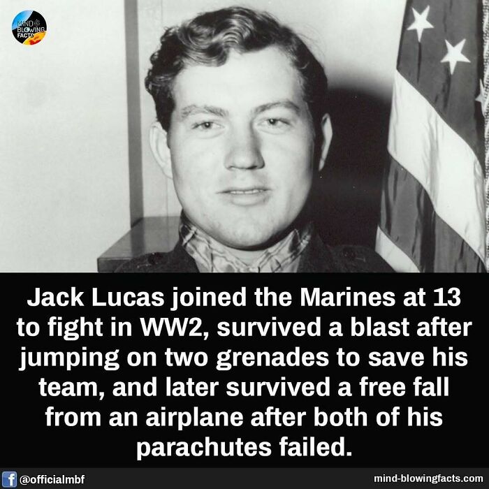 Black and white photo of Jack Lucas with text about his WW2 survival story from mind-blowing facts posts.