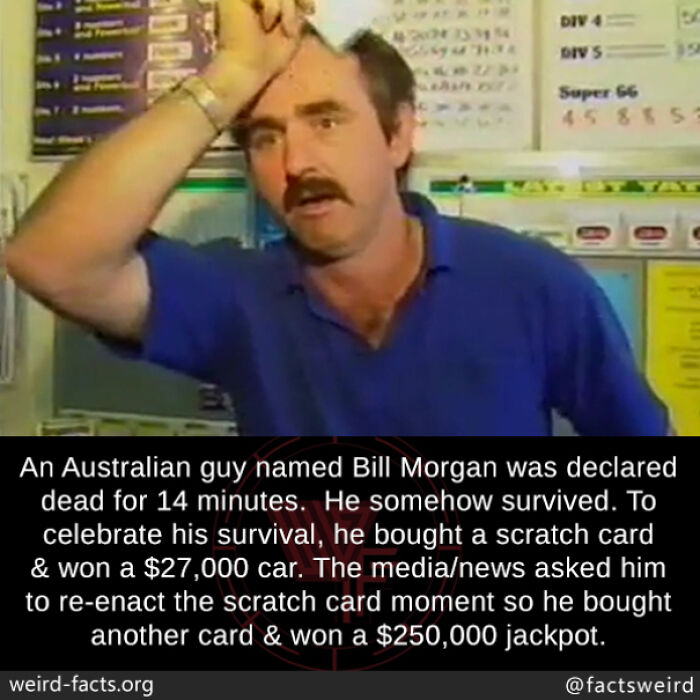 Man in a blue shirt holding his forehead with text describing a weird fact about winning a jackpot after being declared dead.