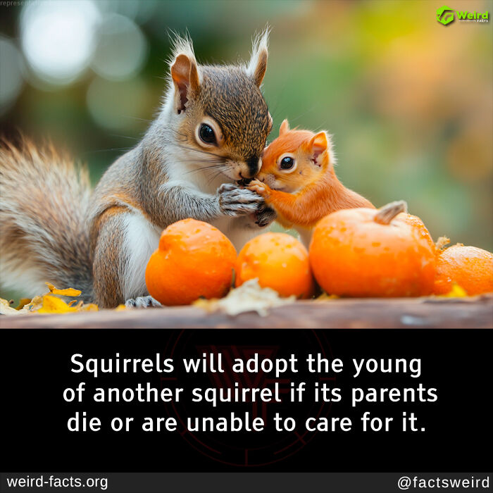 Squirrels with orange fruit, adopting young squirrels is a weird and random fact.