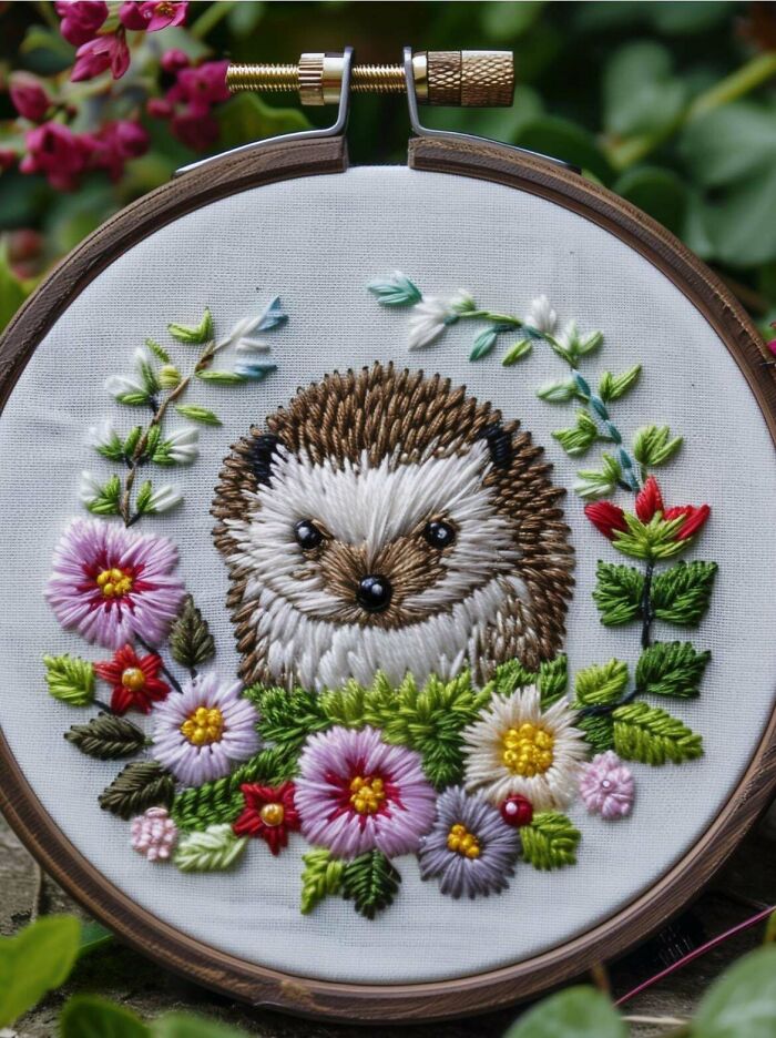 Embroidered hedgehog surrounded by colorful flowers in a wooden hoop showcasing beautiful embroidery designs.