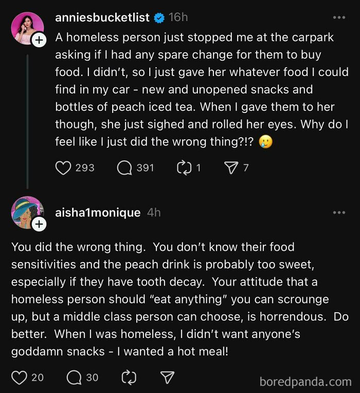 Text exchange discussing an encounter with a homeless person, illustrating the concept of beggars being choosers.