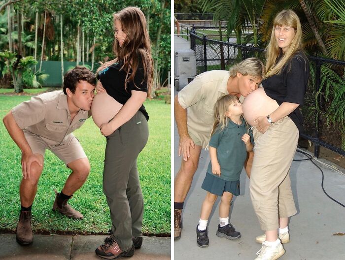 Pregnant couple recreating a wholesome family photo, outdoors with greenery in the background.