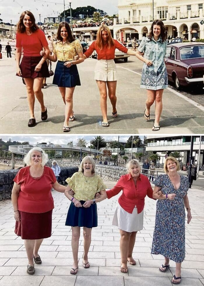 Women recreate a nostalgic family photo, joyfully walking arm-in-arm in similar outfits from the past.