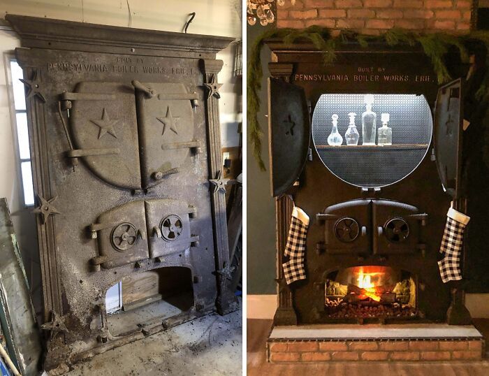 Restored iron fireplace with decorative bottles and a cozy fire, showcasing old-things restoration transformation.