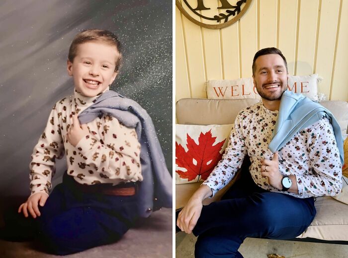 Adult and child in matching outfits recreate a wholesome family photo.