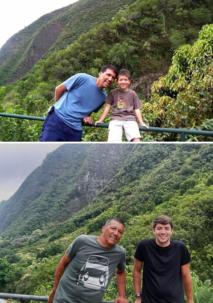 Two family members recreating a wholesome photo in front of a lush mountain landscape.