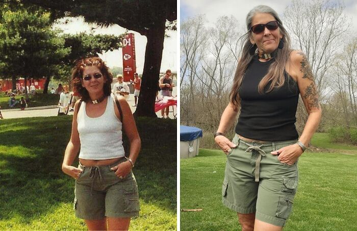 Woman in casual outfit recreating a wholesome family photo decades later, standing in a park.