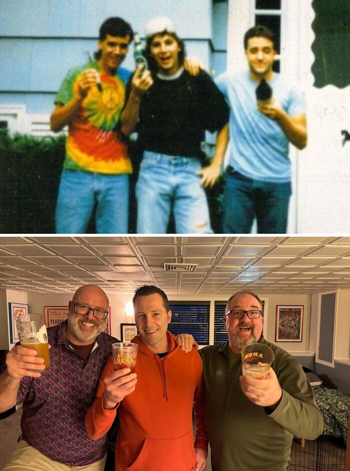 Three friends recreating a wholesome family photo, each holding drinks and smiling in both images.
