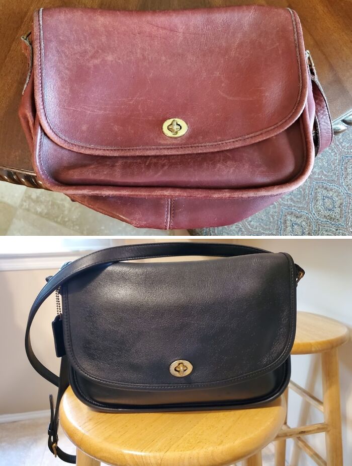 Old leather bag restoration showing transformation from worn red to polished black on a wooden chair.