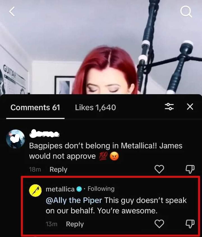 Wholesome online support with bagpipes comment and supportive reply from Metallica's account.