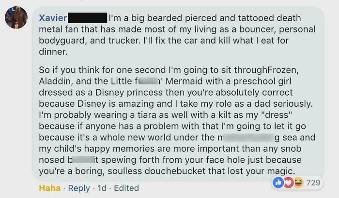 A person defending their role as a Disney-loving parent in an online comment.