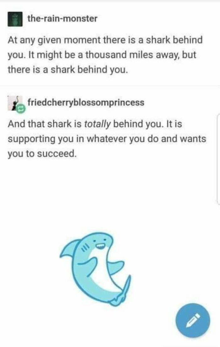 Wholesome online interaction featuring a supportive cartoon shark illustration.