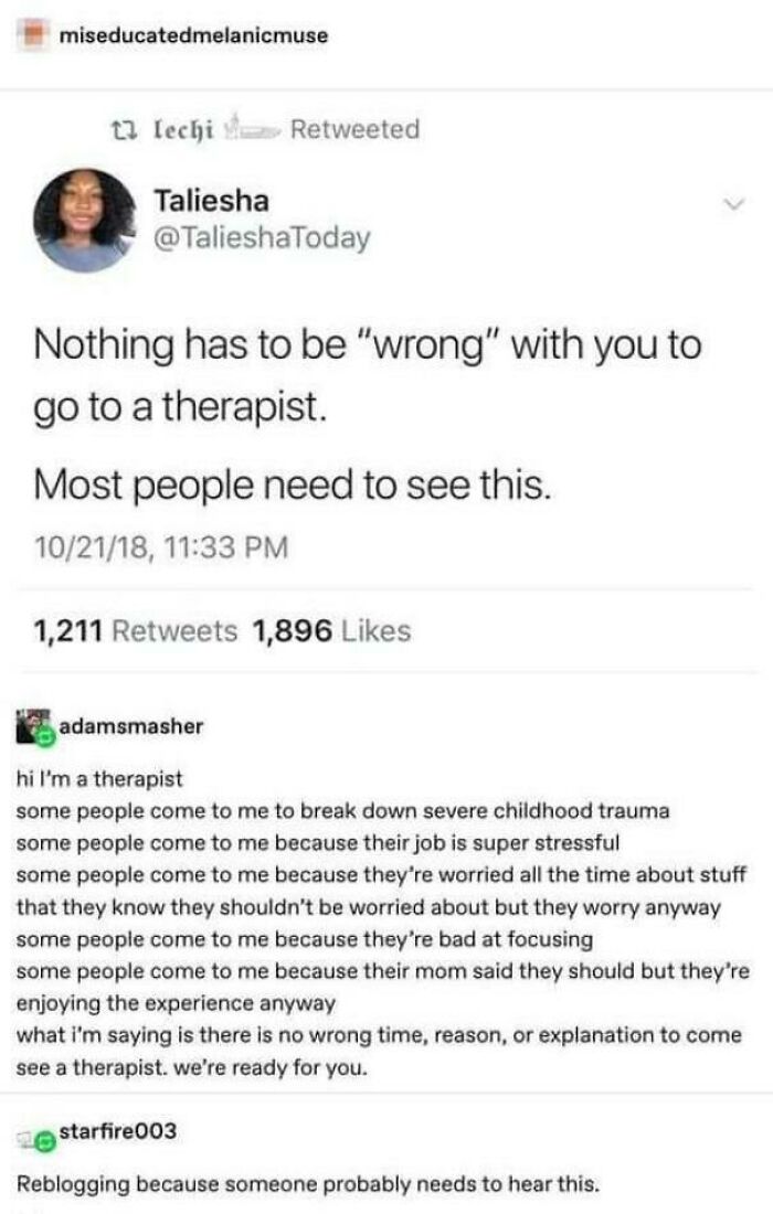 Wholesome online support: a tweet emphasizes that therapy is beneficial for everyone, not just those with "issues."