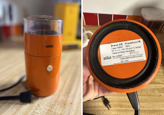 Vintage Braun electric coffee grinder in orange, a unique and cool inheritance received by someone.