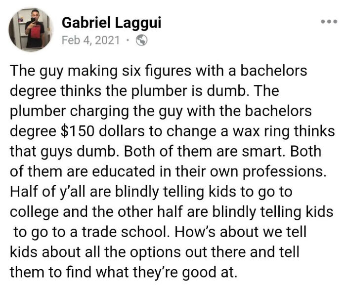 Facebook post discussing the importance of valuing different professions and guiding kids in finding their strengths.