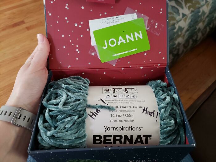 Yarn gift from Joann, possibly from amazing mothers-in-law, with hidden message inside.