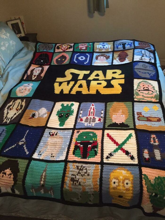 Star Wars-themed crochet blanket with various character panels, showcasing a thoughtful gift from amazing mothers-in-law.