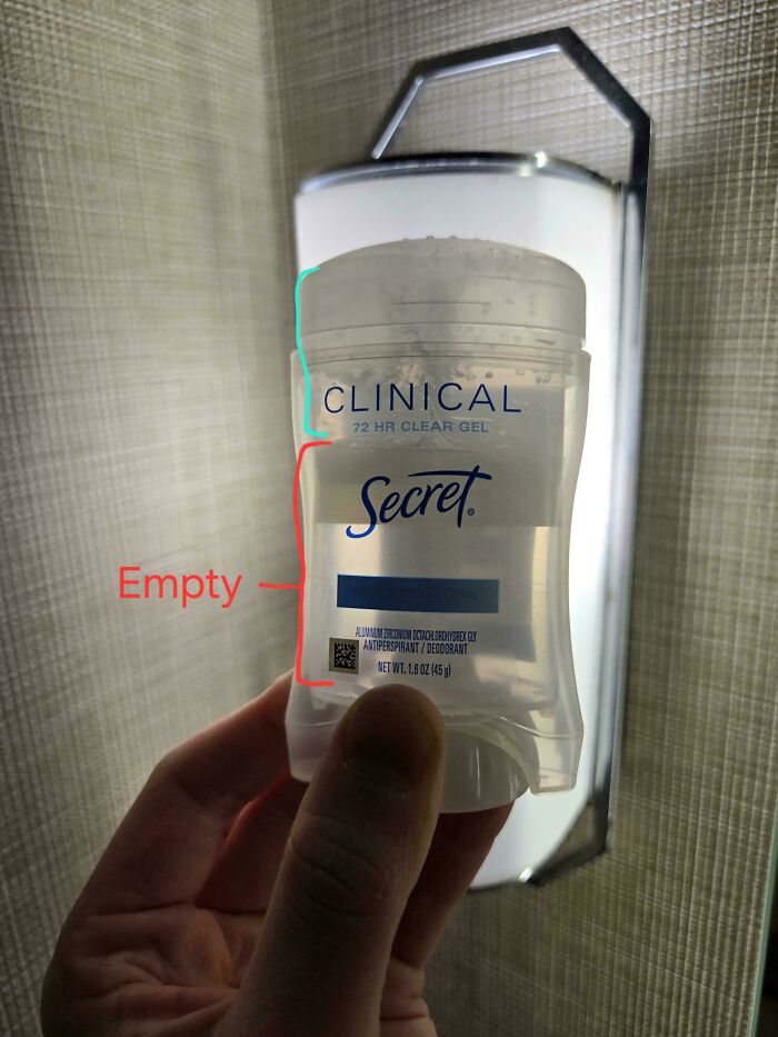 Clear gel deodorant package appears full but is mostly empty, an example of misleading packaging design.