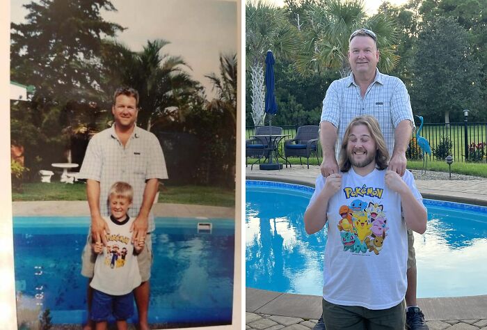 Father and son recreate family photo by the pool, both wearing similar outfits, highlighting wholesome family photo recreation.