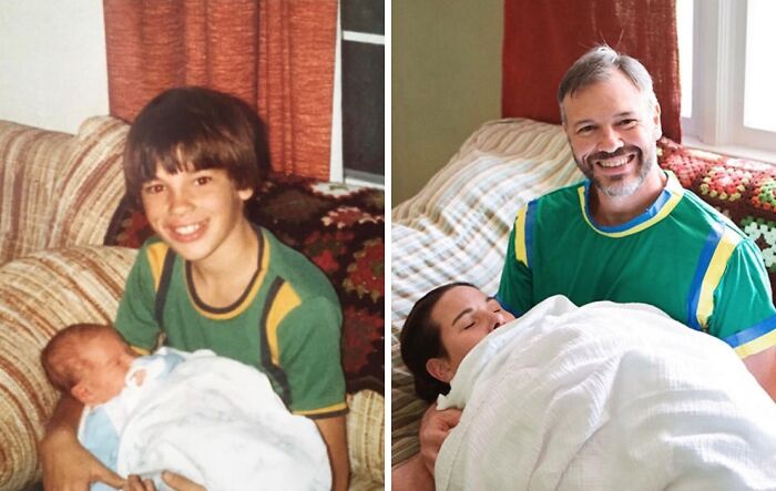 Two images side by side showing wholesome family photo recreations with a baby and an adult in matching green shirts.