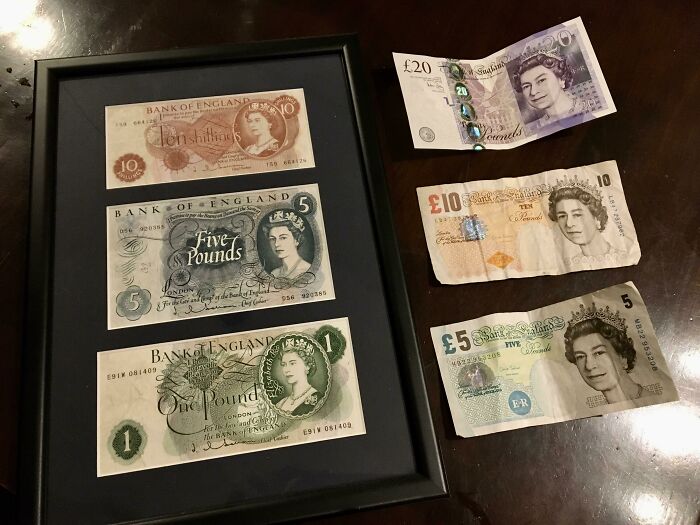Collection of vintage and modern British banknotes displayed on a table, showcasing a unique inheritance keepsake.
