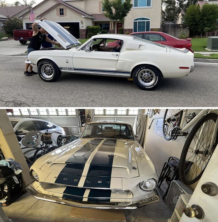 White 1960s Shelby GT350 Mustang car inherited and displayed in a garage and on the street in a residential area.