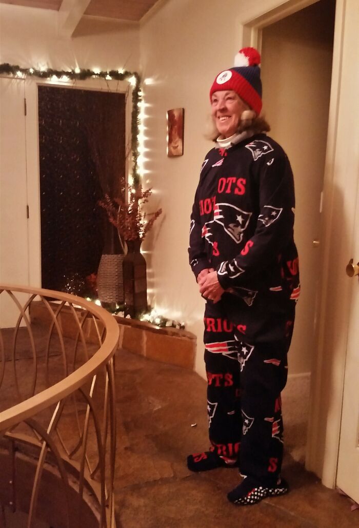 My Mother-In-Law Moved In With Us A Year Ago To Care For Her. She Has Alzheimers And Can't Focus On Anything Too Long Except One Thing, Watching The Patriots Play On TV (She'll Watch The Whole Game). A Family Member Sent Her These Footsy Pajamas And Nightcap; She Couldn't Be Happier