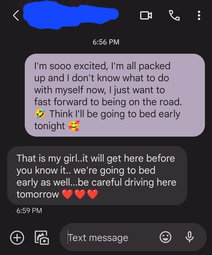 Text messages expressing excitement and safety wishes, highlighting bonding with amazing mothers-in-law.