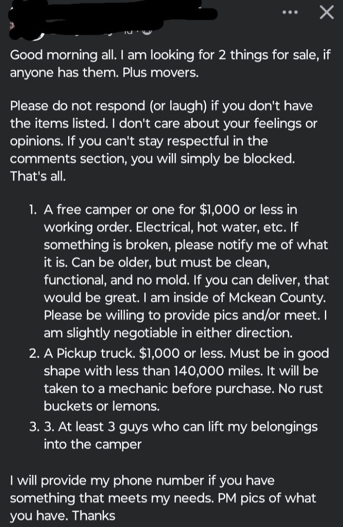 Text of a beggar being chooser post requesting a cheap camper, truck, and movers, with conditions.