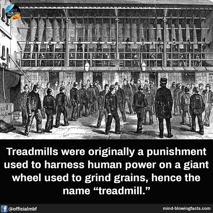 Vintage illustration of prisoners operating a giant wheel treadmill, an early use of human power for grinding grains.