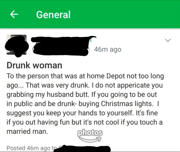 Screenshot of a wild neighbor post about a drunk woman at Home Depot grabbing a married man's b**t in public.