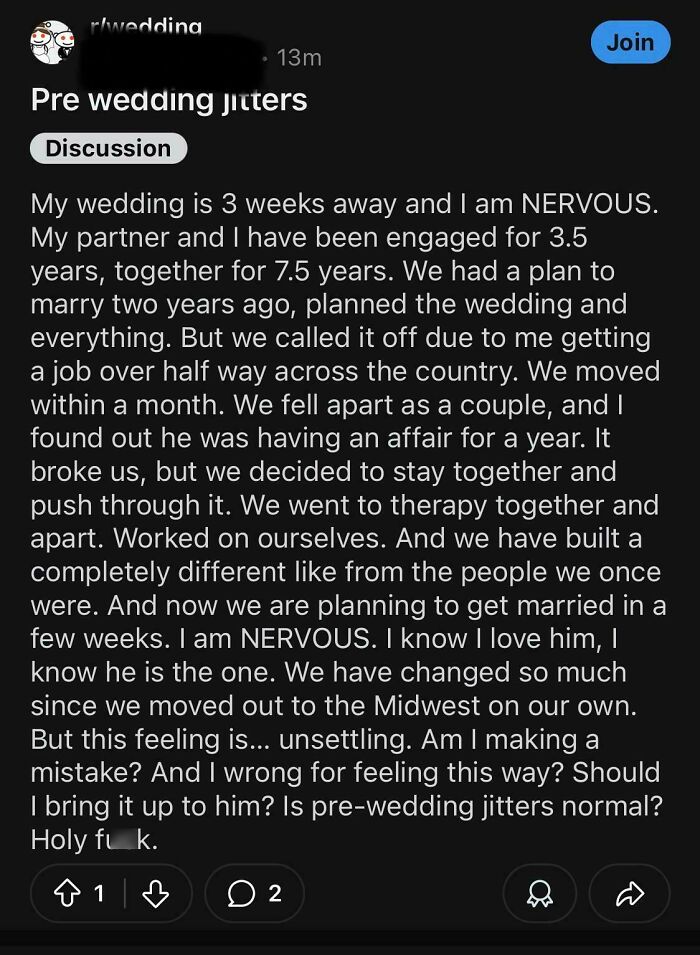 Reddit post about wedding jitters with a user expressing nervousness before their upcoming marriage.