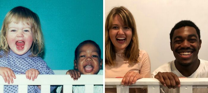Two siblings recreating a wholesome family photo, smiling over a crib rail in both childhood and adult versions.