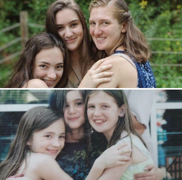 Adults recreate a childhood family photo, showing three sisters embracing each other with warm smiles.