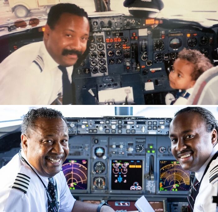 Father and son in pilot uniforms recreate a cockpit photo for a wholesome family photo recreation.