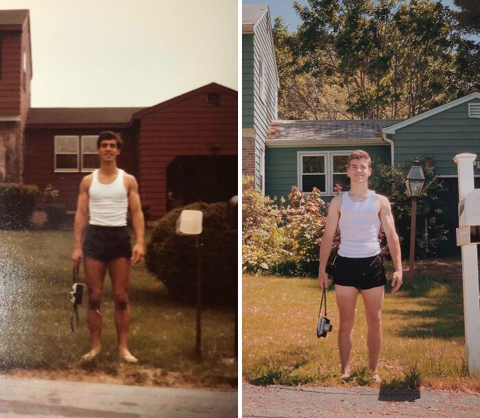 Two men in matching outfits stand in front of a house, recreating a wholesome family photo.