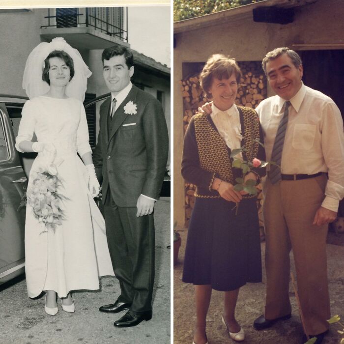 Vintage and modern family photo recreations with a wedding theme.