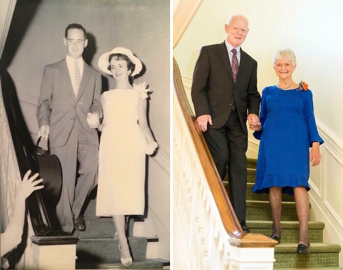 Elderly couple recreating youthful wedding photo on stairs, showcasing wholesome family photo recreations.