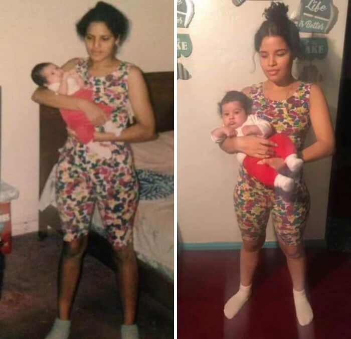 Woman recreates a wholesome family photo, holding a baby in matching floral outfits.