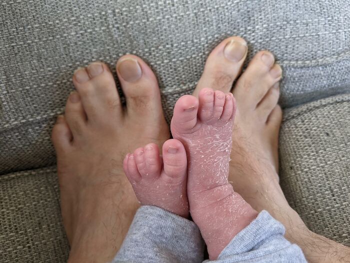 Close-up of adult feet behind newborn baby feet demonstrating a heartwarming inheritance moment.